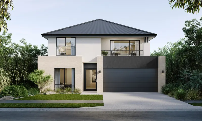Modern home surrounded by trees and landscaping