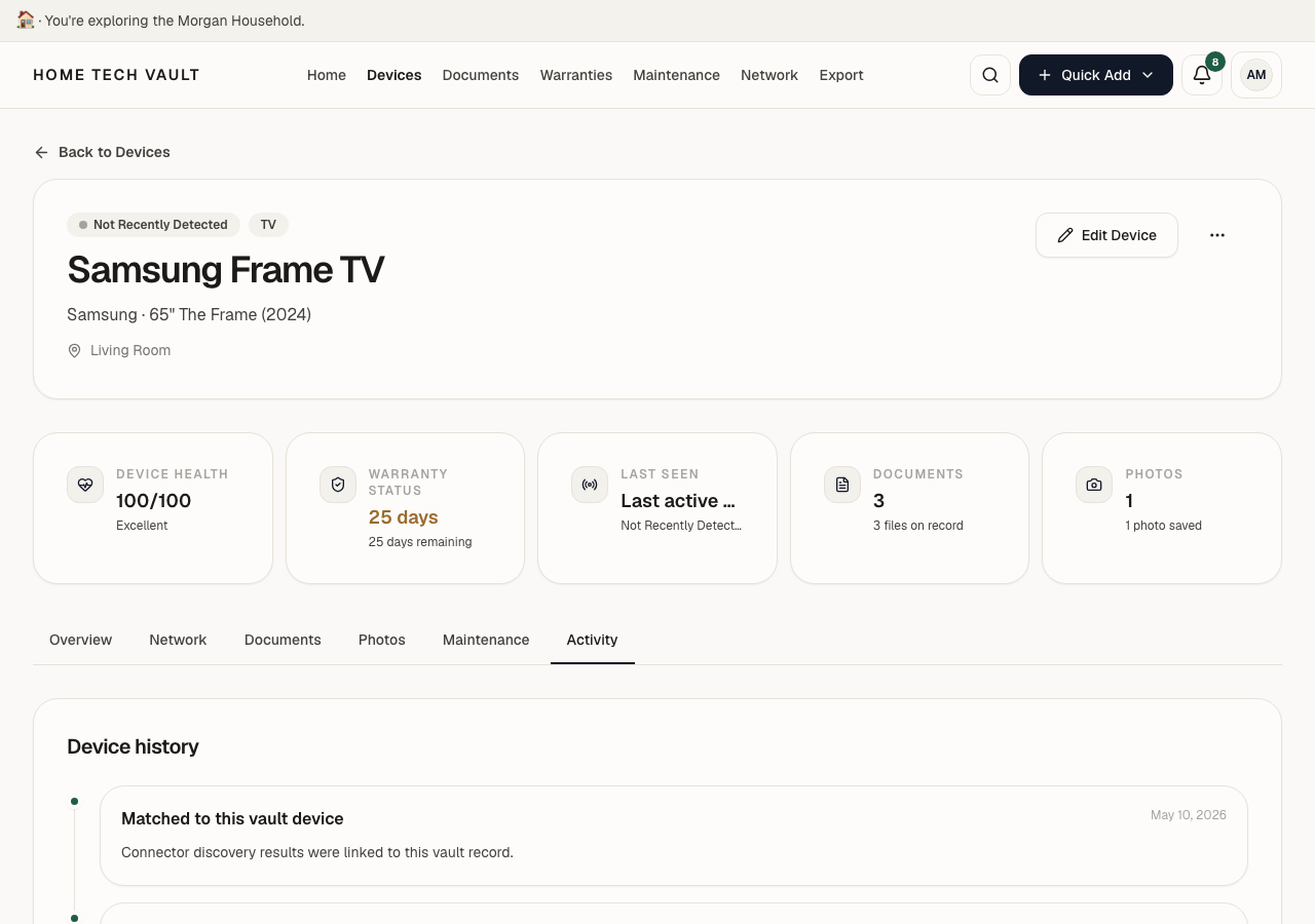 Device history timeline showing network matching and activity events