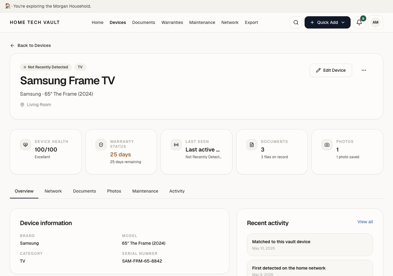 Device profile combining inventory fields, warranty, and linked documents
