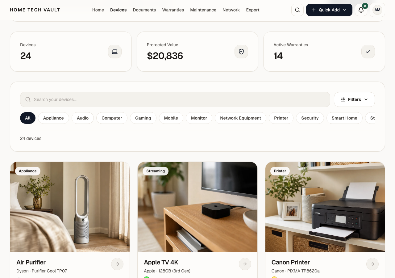 Home Tech Vault devices page with search, category filters, and device cards