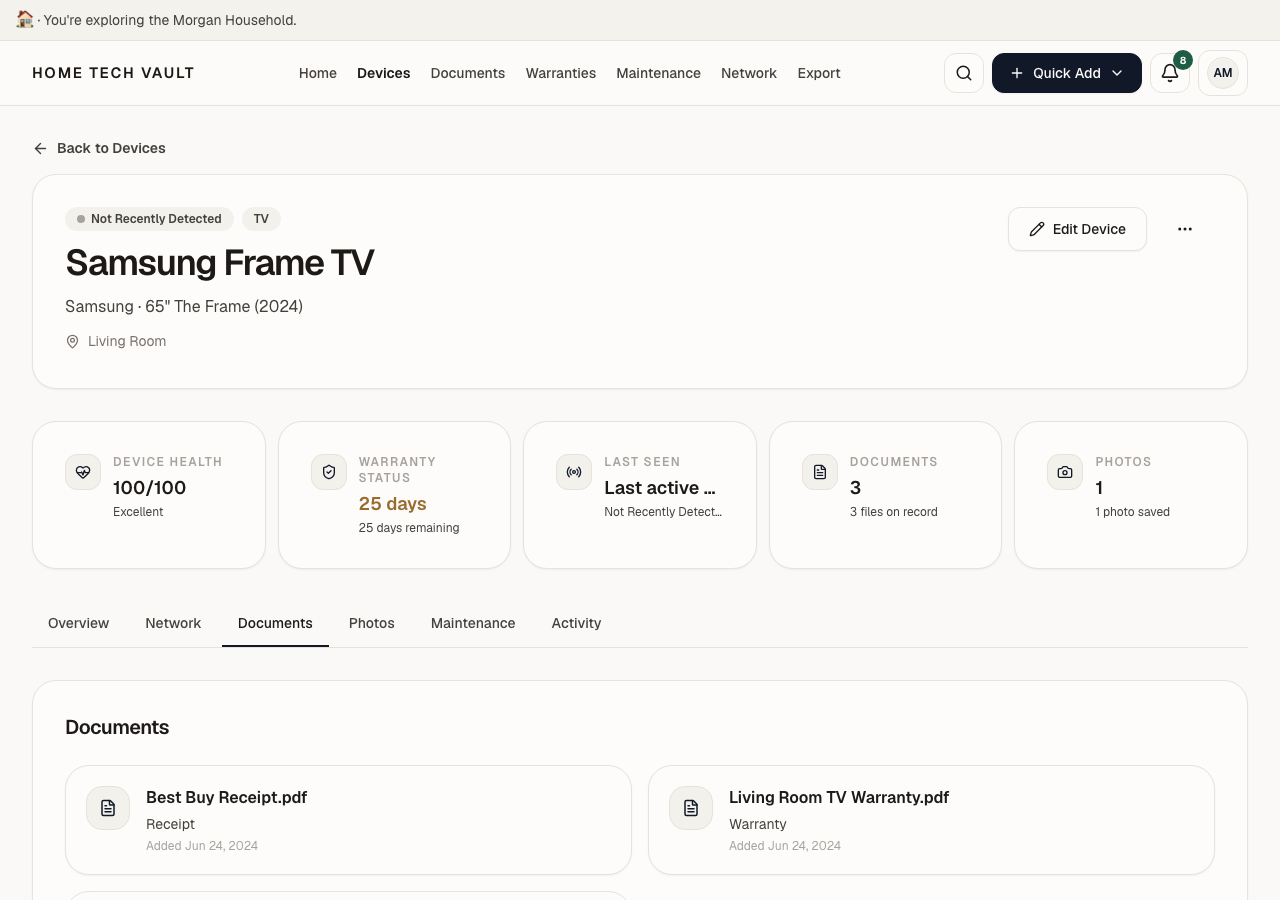 Device documents tab with receipt and warranty PDFs linked to the TV