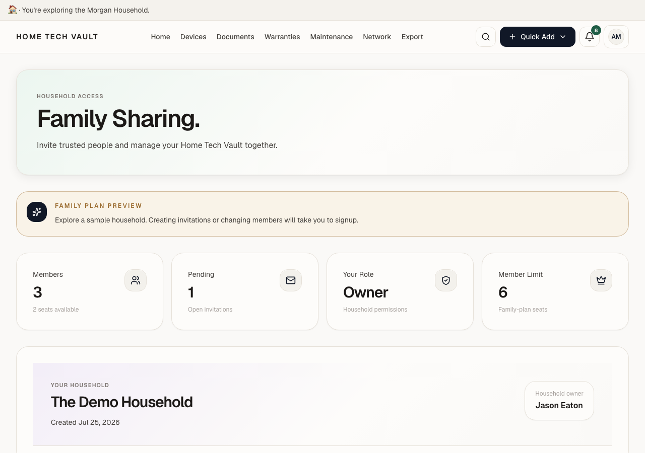 Family sharing with member roles and pending invitations