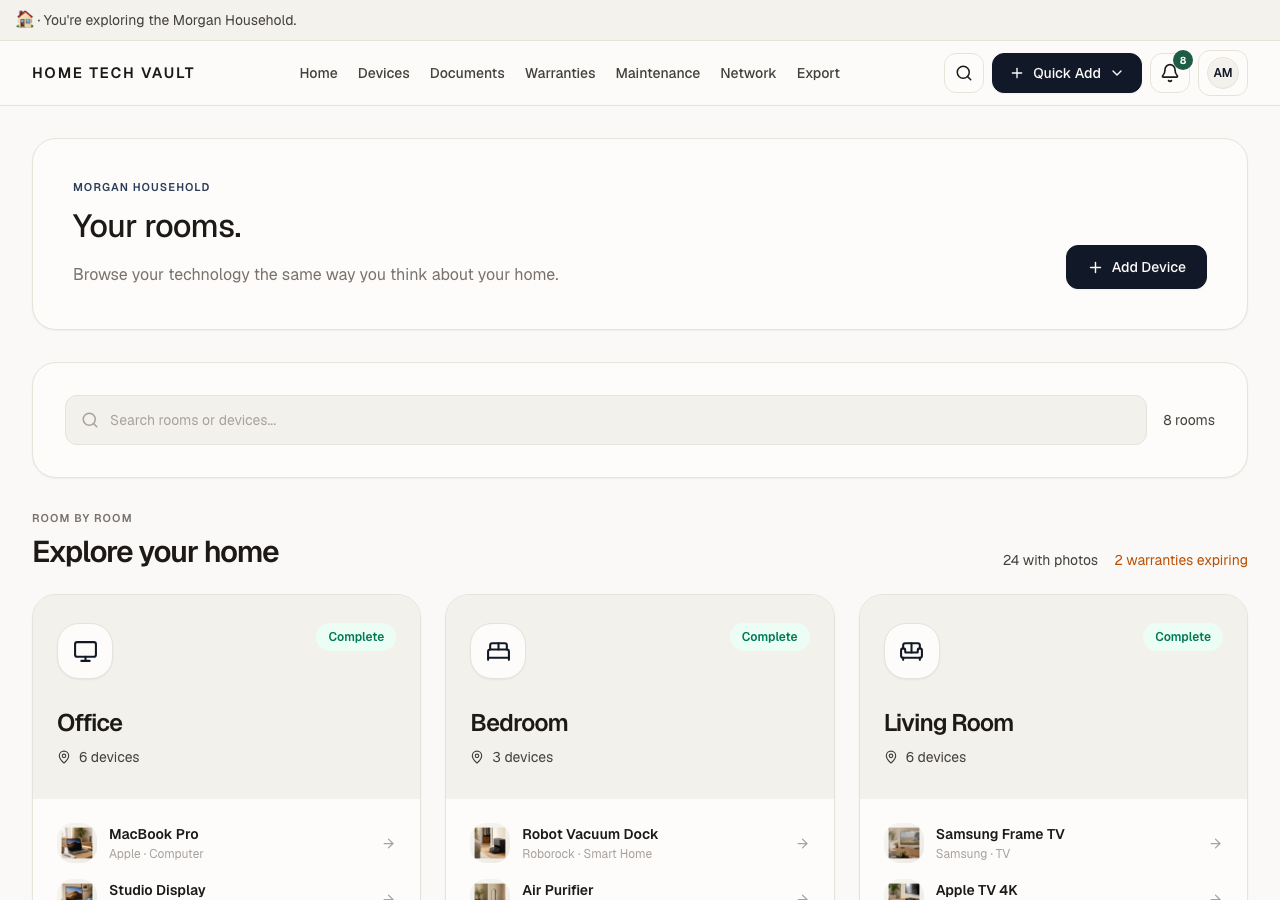 Room-by-room home view with Office, Bedroom, and Living Room device lists