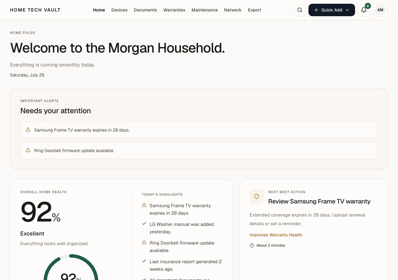 Home Tech Vault home overview with household device and maintenance information