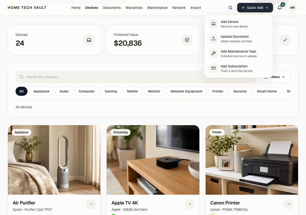 Quick Add menu with options for device, document, maintenance task, and subscription